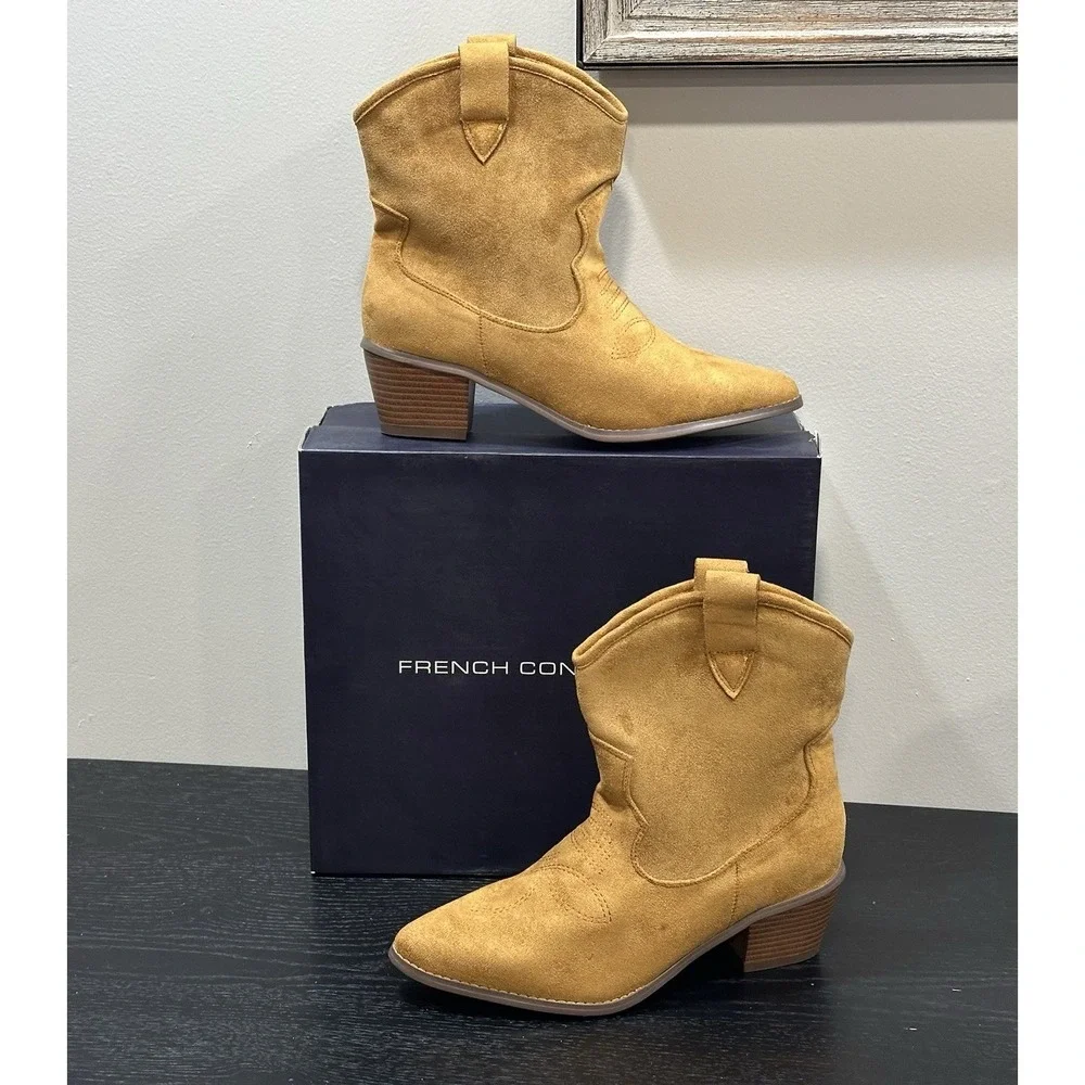 FRENCH CONNECTION COGNAC VEGAN LEATHER SUEDE WOMEN'S COWBOY STYLE BOOTS SZ 9 NIB